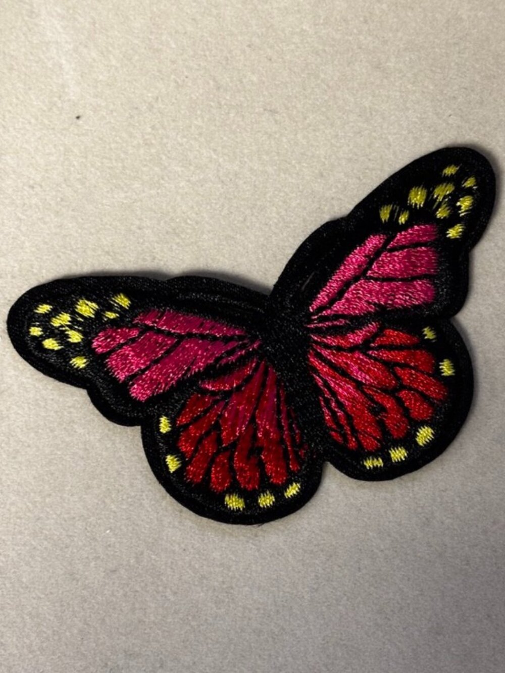 Red Butterfly Embroidered Patch Iron-On Appliqué Black Yellow Detail